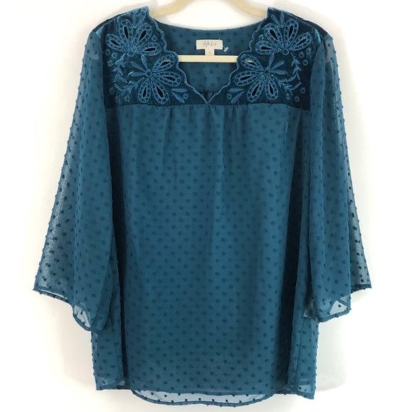New Style & Co Velvet Eyelet Embroidered Swiss Dot Sheer Top Teal Size Medium - Picture 4 of 16